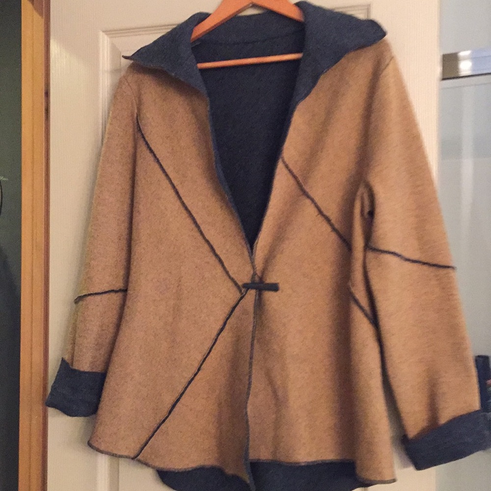 Grey and gold wool sweater.